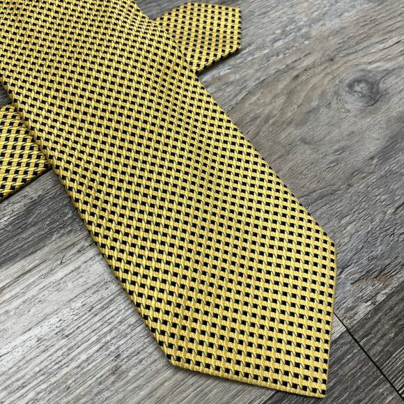 Ermenegildo Zegna Yellow Men 58" Basketweave Geometric Check Silk Italy Made Tie - Picture 1 of 8